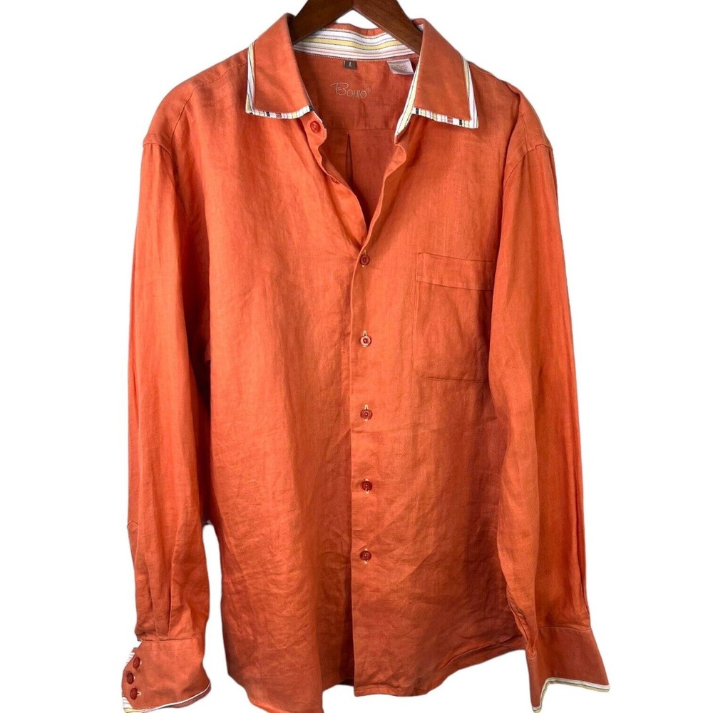 Bohio Linen Shirt Men's L Orange Button Down Long Sleeve Stripe‎ Detail Collar